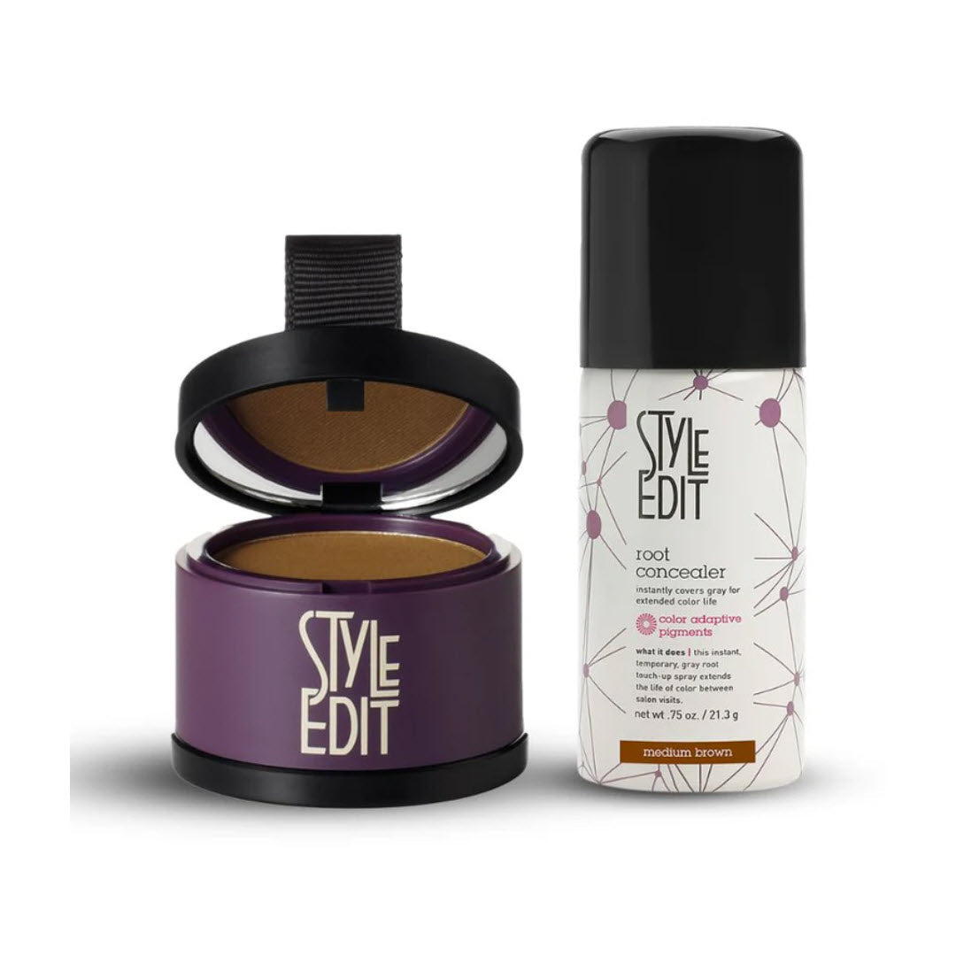 Style Edit Root Touch Up Powder and Travel Size Spray Duo Medium Brown showing the root touch-up powder and travel size concealer spray for on-the-go gray root coverage