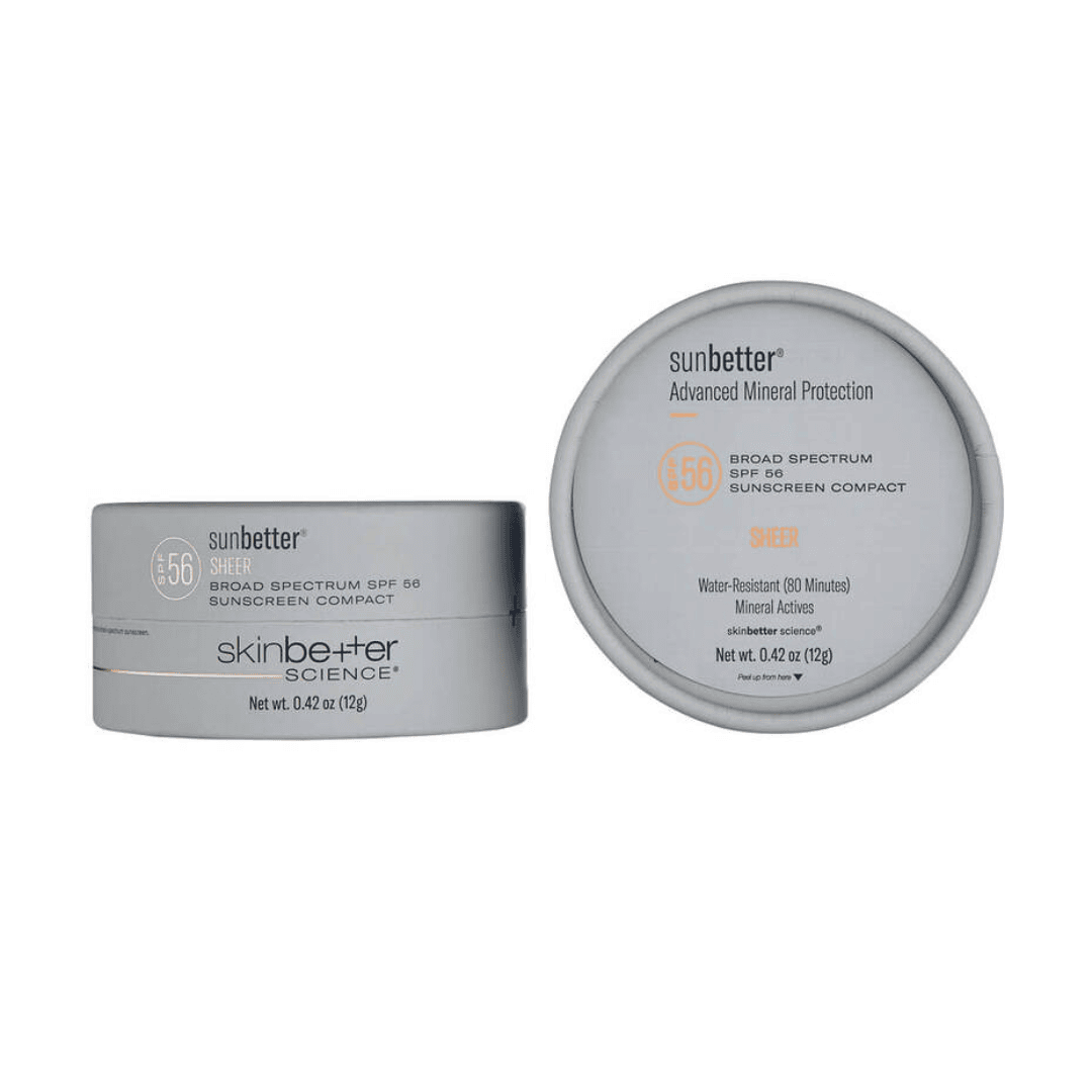 Skinbetter Science Sunbetter SHEER SPF 56 Compact open view – transparent broad-spectrum mineral sunscreen powder with silky finish for all skin tones