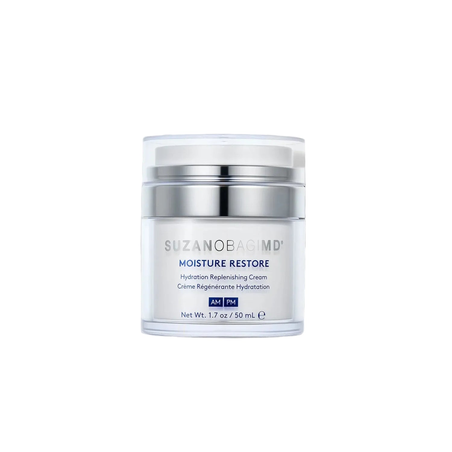 Obagi SuzanObagiMD Moisture Restore Hydration Replenishing Cream 1.7 oz clear airless jar with silver lid on white background