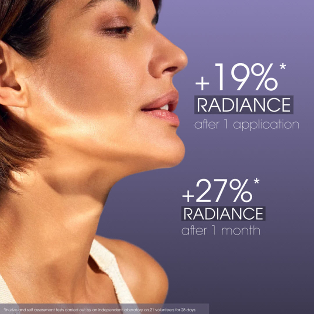 Clinical study results for Teoxane Active Microscrub showing 19% more radiance after 1 application and 27% more radiance after 1 month