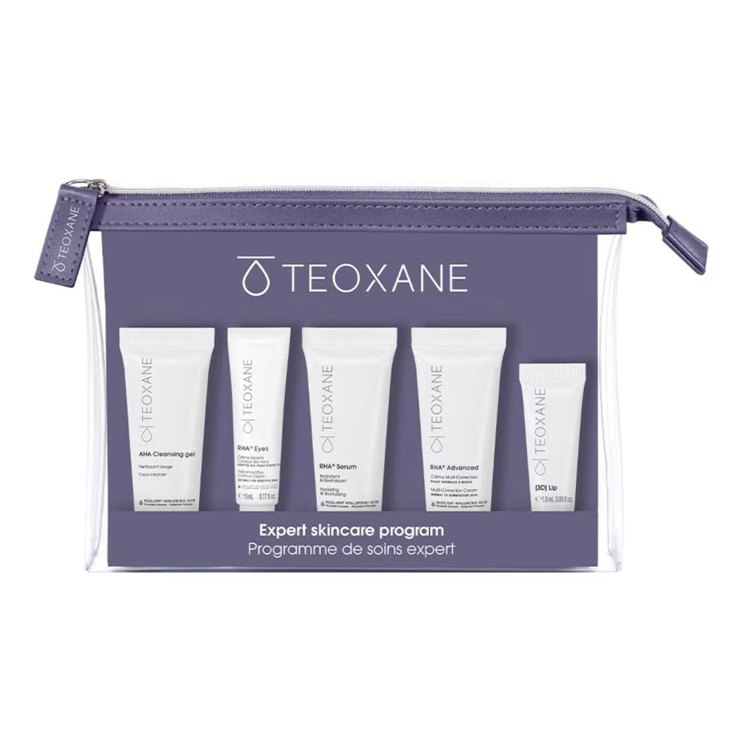 Teoxane Discovery Kit expert skincare program travel bag with AHA Cleansing Gel, RHA Eyes, RHA Serum, RHA Advanced, and [3D] Lip minis