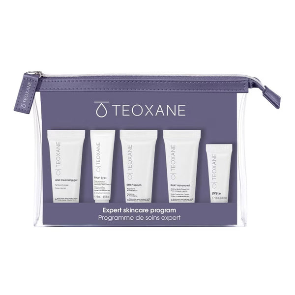 Teoxane Discovery Kit expert skincare program travel bag with AHA Cleansing Gel, RHA Eyes, RHA Serum, RHA Advanced, and [3D] Lip minis
