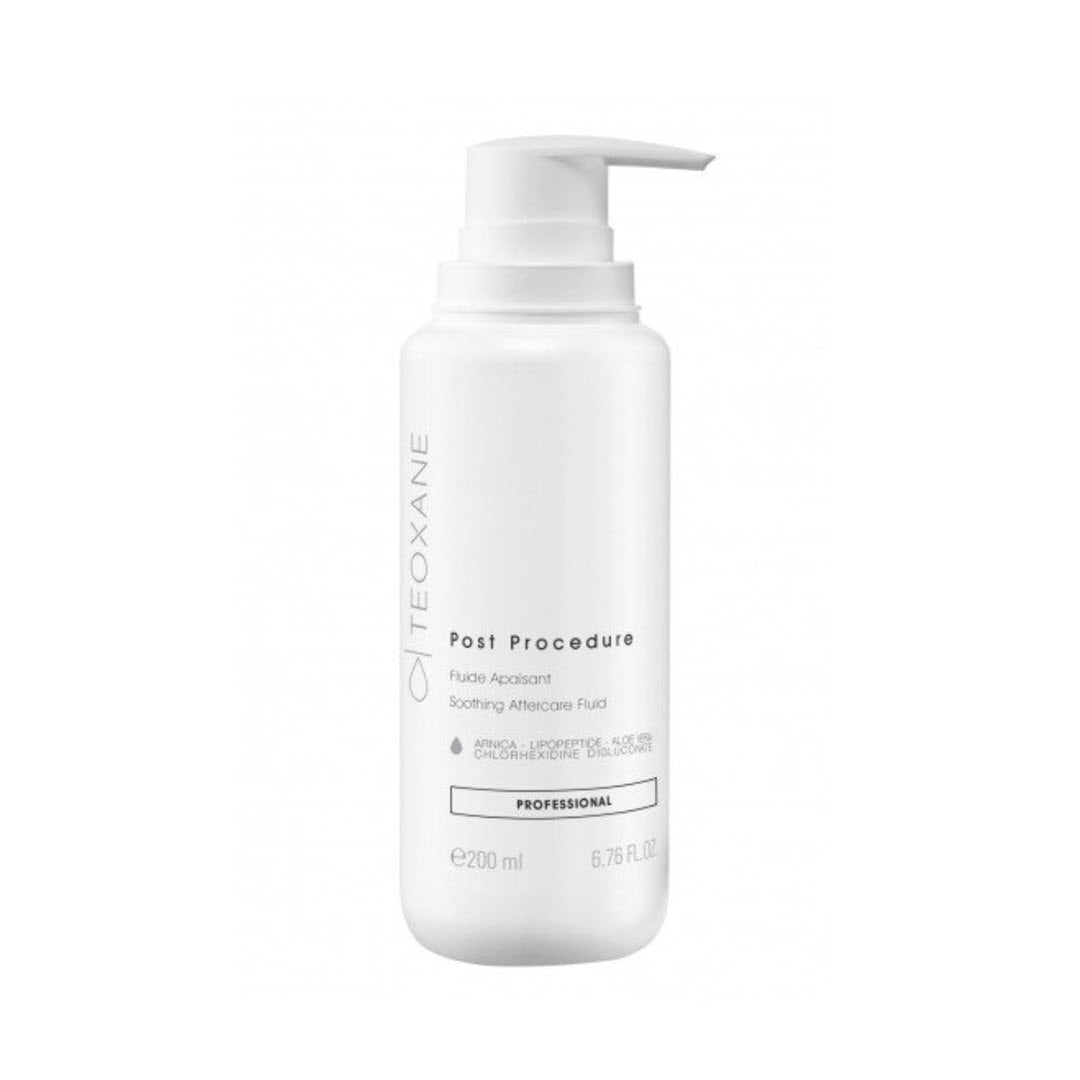 Teoxane Post Procedure Soothing Aftercare Fluid professional-size pump bottle with Arnica, Lipopeptide, Aloe Vera, and Chlorhexidine Digluconate, 200 mL / 6.8 fl oz