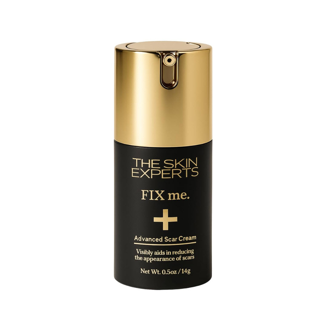 The Skin Experts FIX me. Advanced Scar Cream 0.5 oz black and gold pump bottle shown against a white background