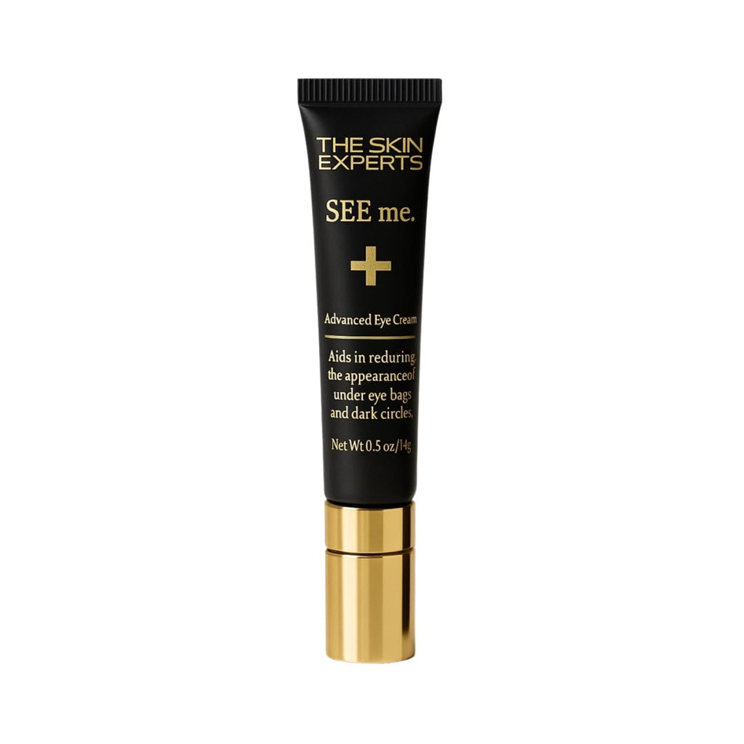 The Skin Experts SEE me. Advanced Eye Cream 0.5 oz black tube with gold metal applicator tip, shown against a white background