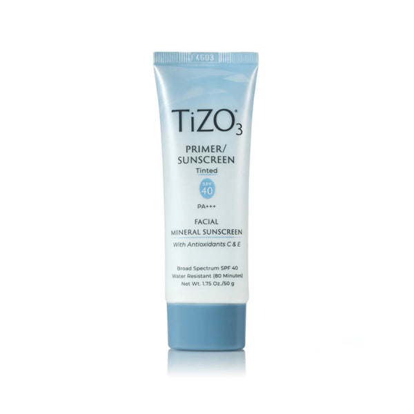 TiZO3 Facial Mineral Sunscreen and Primer SPF 40 Tinted tube shown against a white background