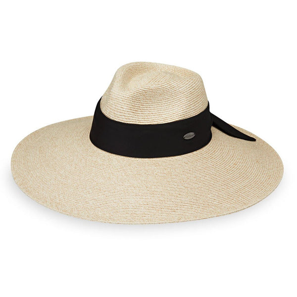 Wallaroo Hat Company Elise Sun Hat in White/Beige, a UPF 50+ wide brim hat with a black ribbon band, shown against a white background