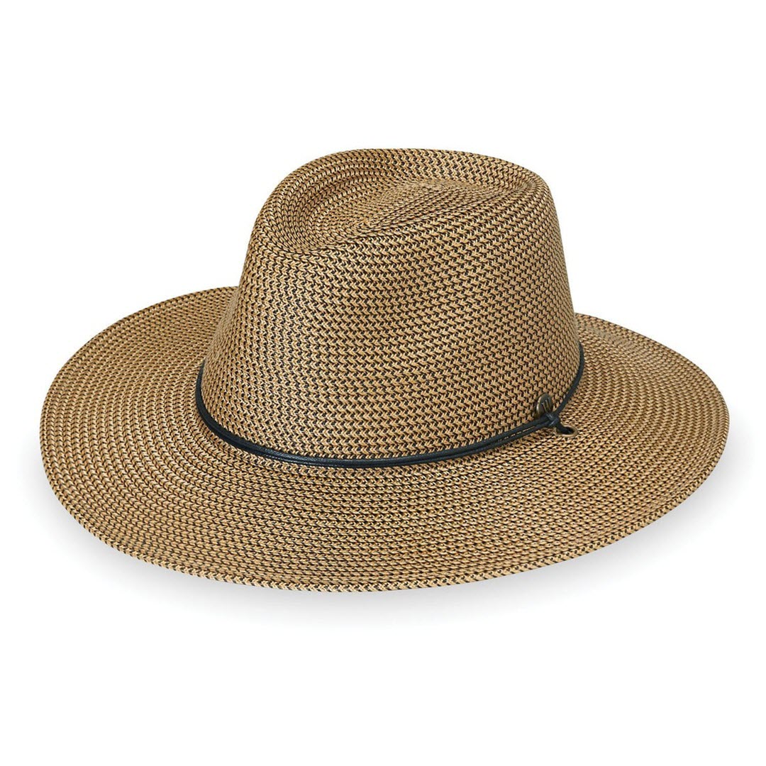 Wallaroo Hat Company Men's Logan Hat in Camel, a UPF 50+ fedora with a waxed cotton band and adjustable chin cord, shown against a white background