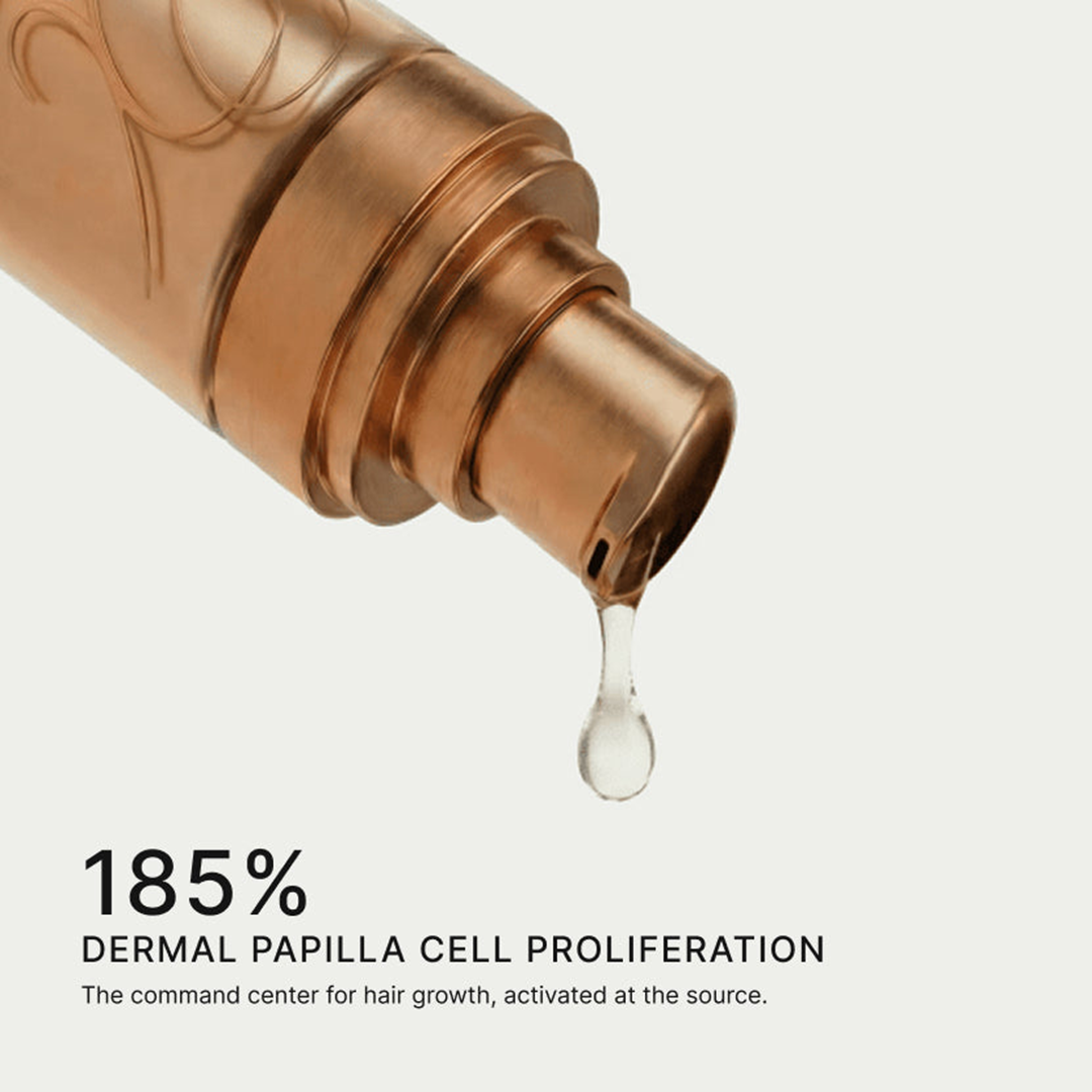 Xtresse Bronze bottle with a droplet of liquid on a light gray background, labeled with text about dermal papilla cell proliferation.