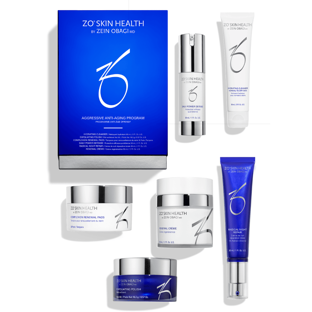 ZO Skin Health Aggressive Anti-Aging Program – full regimen set including cleanser, serum, renewal cream, and Radical Night Repair