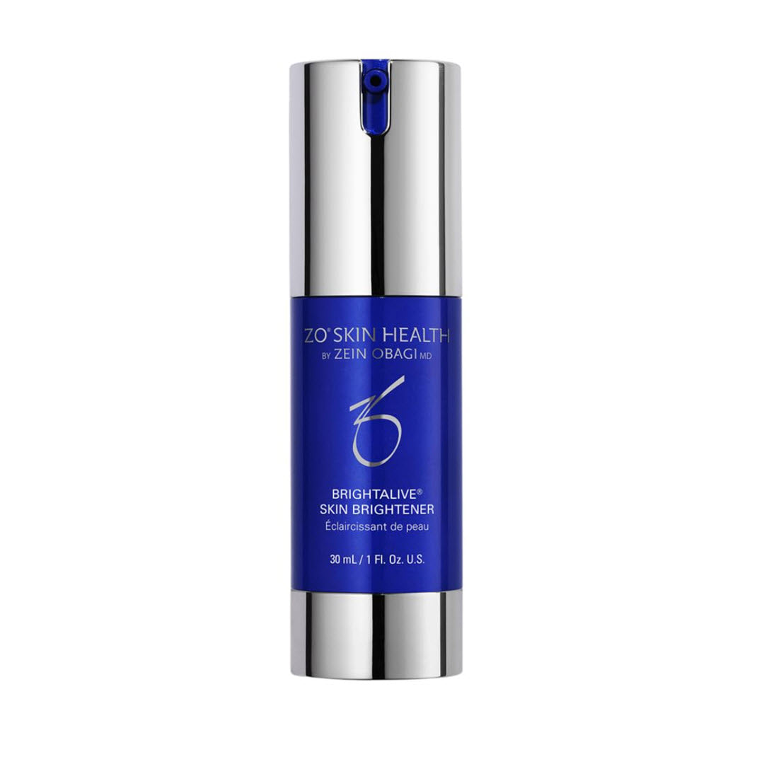 ZO Skin Health Brightalive Skin Brightener 30mL 1 fl oz – non-retinol brightening serum in silver pump bottle with blue label to fade dark spots and even skin tone