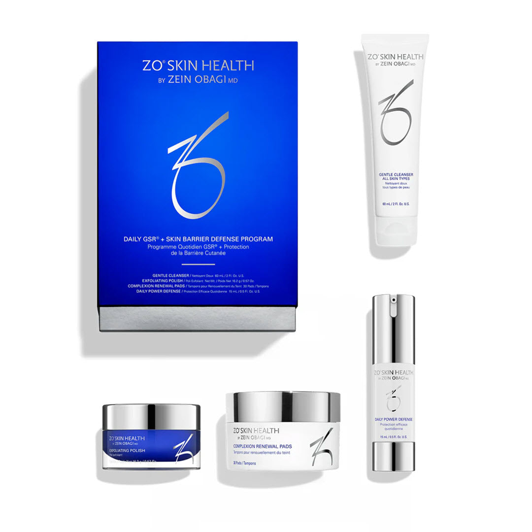 ZO Skin Health Daily GSR+ Skin Barrier Defense Program Kit with blue box and 4 included products – Gentle Cleanser, Exfoliating Polish, Complexion Renewal Pads, and Daily Power Defense