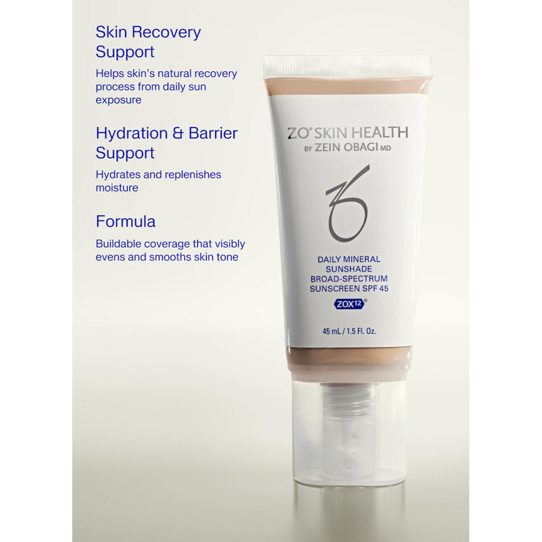 ZO Skin Health Daily Mineral Sunshade Broad Spectrum SPF 45 Deep 45ml benefits including skin recovery support, hydration, and buildable coverage for even skin tone
