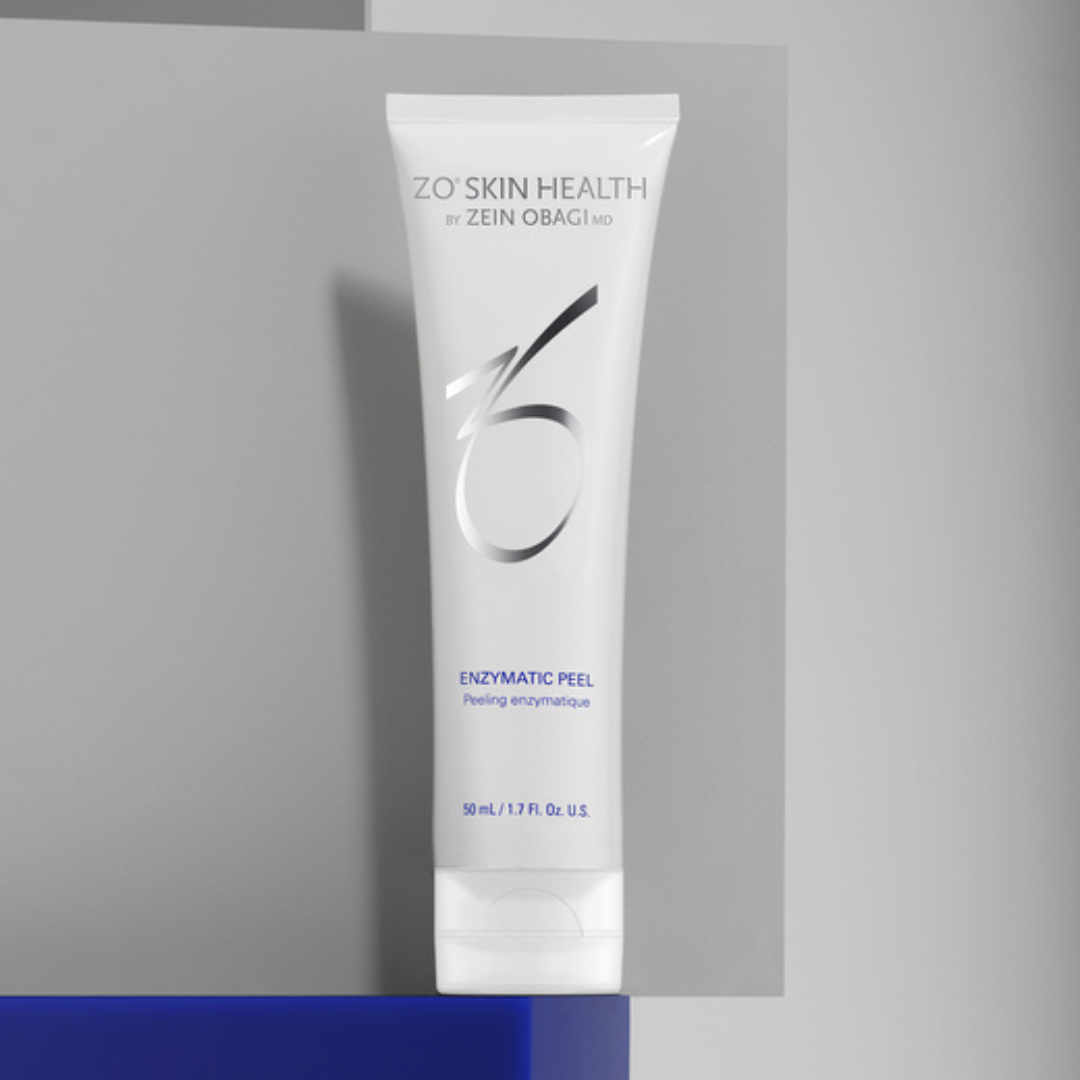 ZO Skin Health Enzymatic Peel tube on geometric backdrop – resurfacing enzyme treatment to improve dull and uneven skin texture