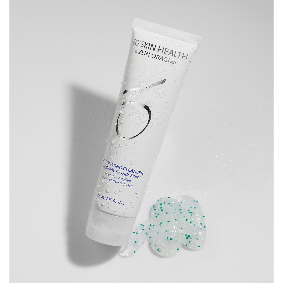 ZO Skin Health Exfoliating Cleanser tube with gel texture swatch showing exfoliating beads for deep cleansing of normal to oily skin