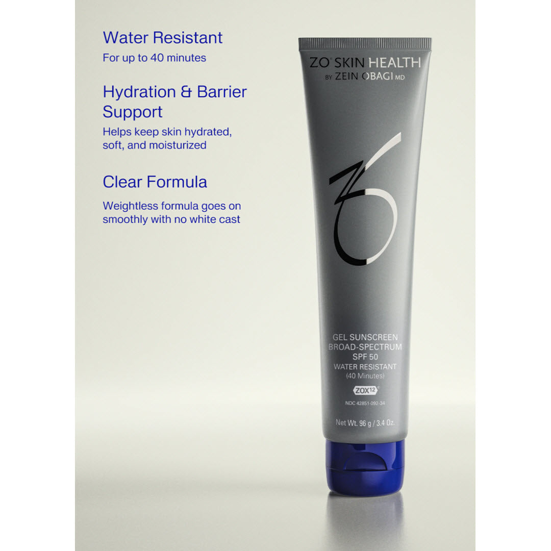 ZO Skin Health Gel Sunscreen SPF 50 key benefits: water resistant up to 40 minutes, hydration and barrier support, clear weightless formula with no white cast