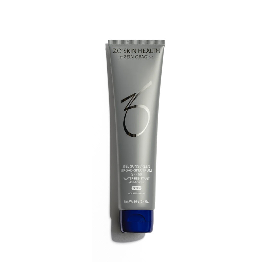 ZO Skin Health Gel Sunscreen Broad-Spectrum SPF 50 grey tube with blue cap, 96g water-resistant formula on white background