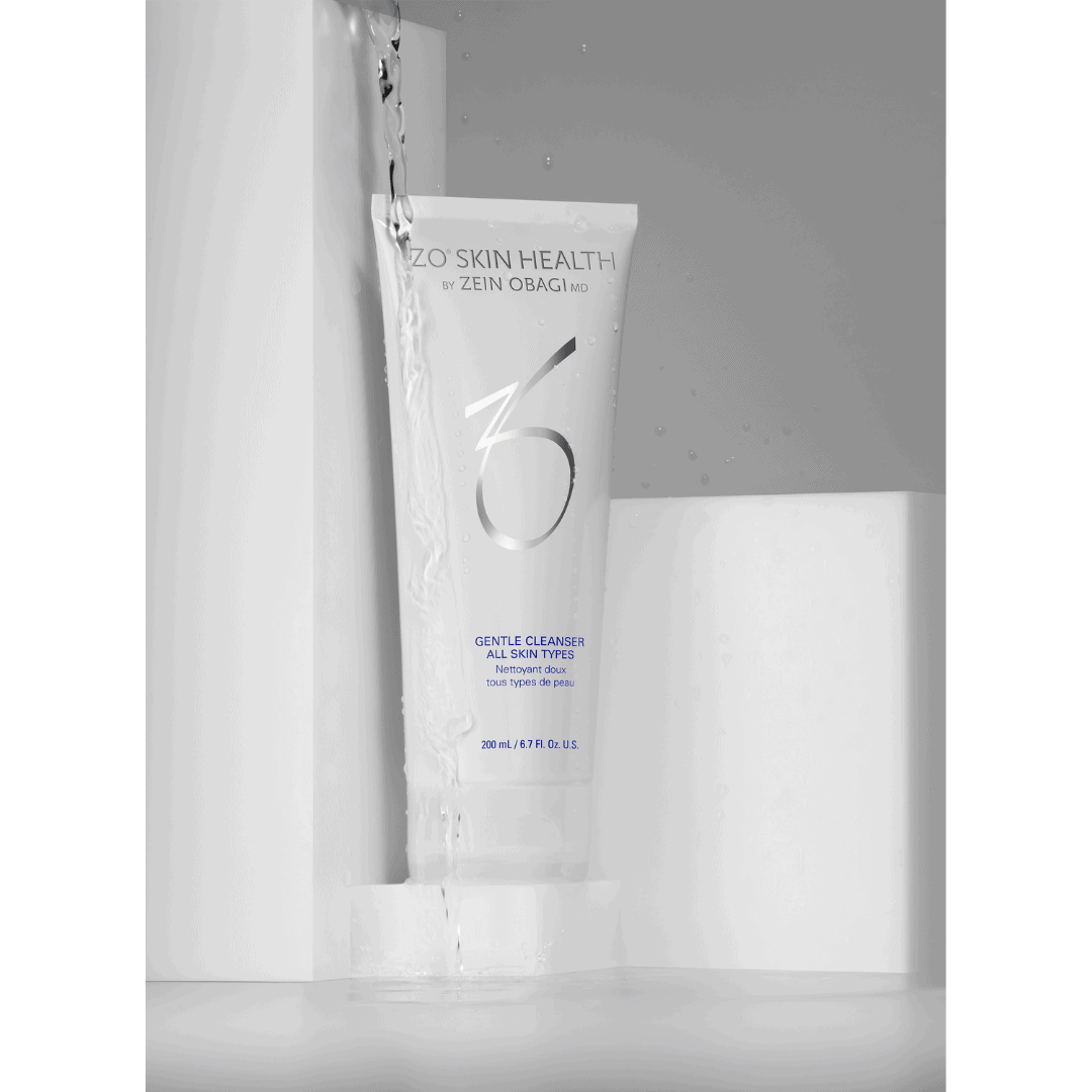 ZO Skin Health Gentle Cleanser tube with flowing water – mild daily facial cleanser that removes impurities without over-drying