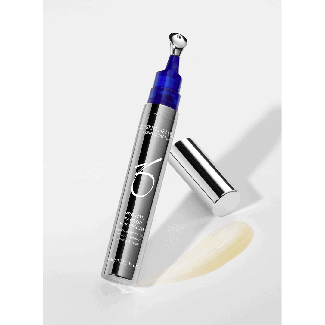 ZO Skin Health Growth Factor Eye Serum – lightweight serum texture shown with cooling metal ball-tip applicator