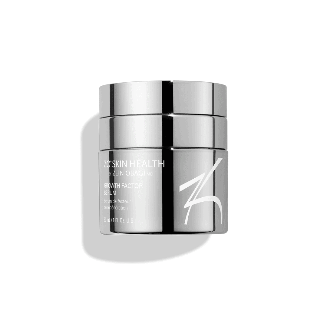 ZO Skin Health Growth Factor Serum Plus 30mL 1 fl oz – anti-aging growth factor serum in polished silver jar to firm skin, reduce wrinkles, and boost collagen