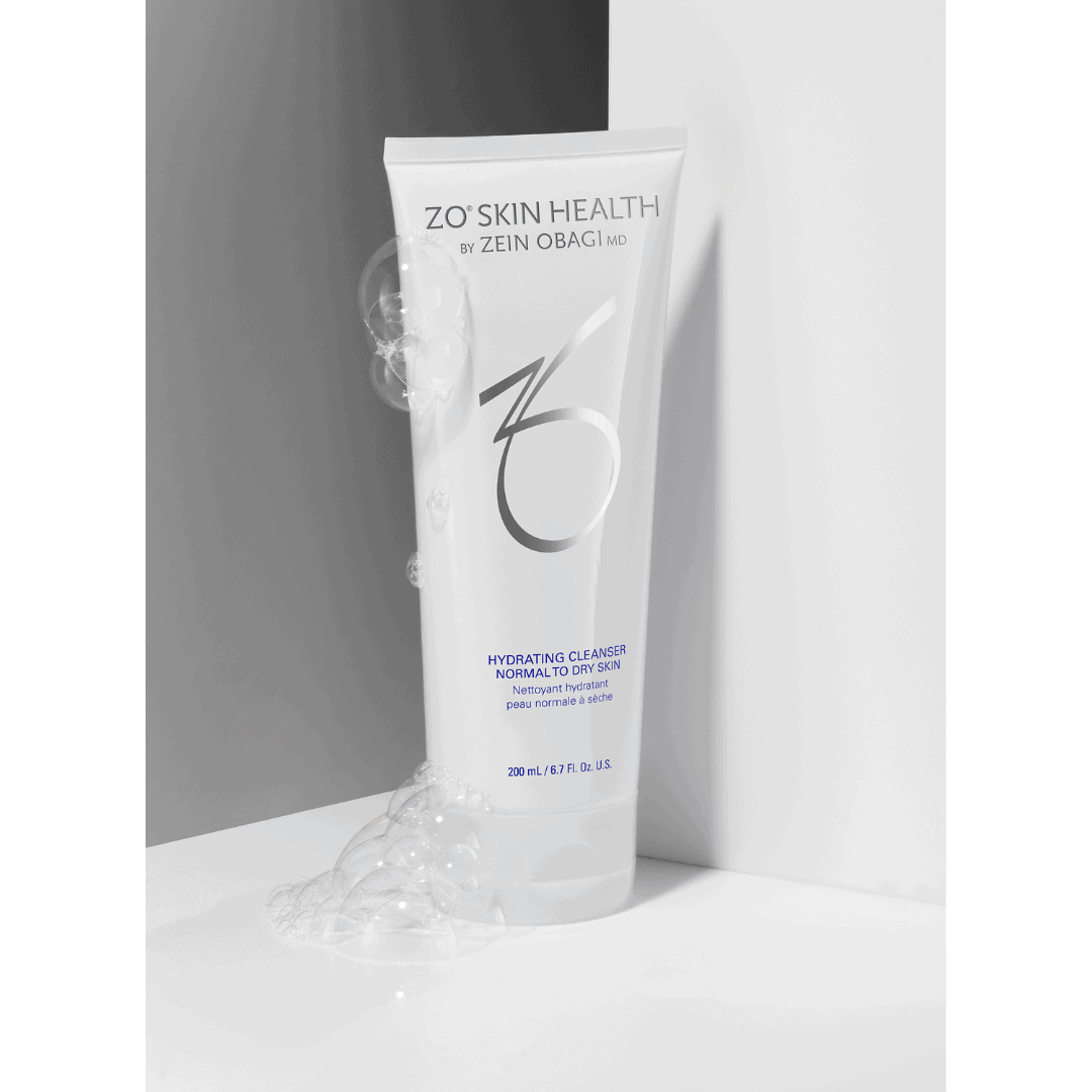 ZO Skin Health Hydrating Cleanser tube with water bubbles – soap-free gentle cleanser that removes impurities without stripping moisture