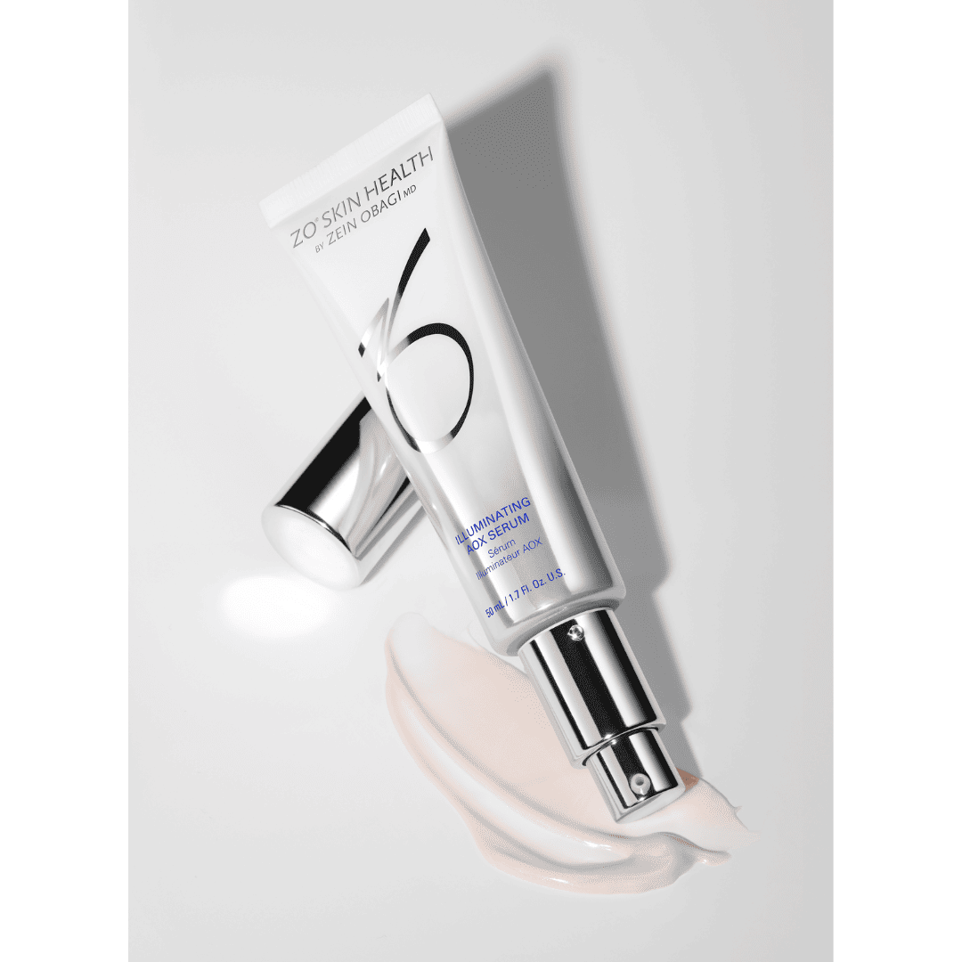 ZO Skin Health Illuminating AOX Serum 50ml tube with lightweight serum swatch – antioxidant formula for glowing, radiant skin