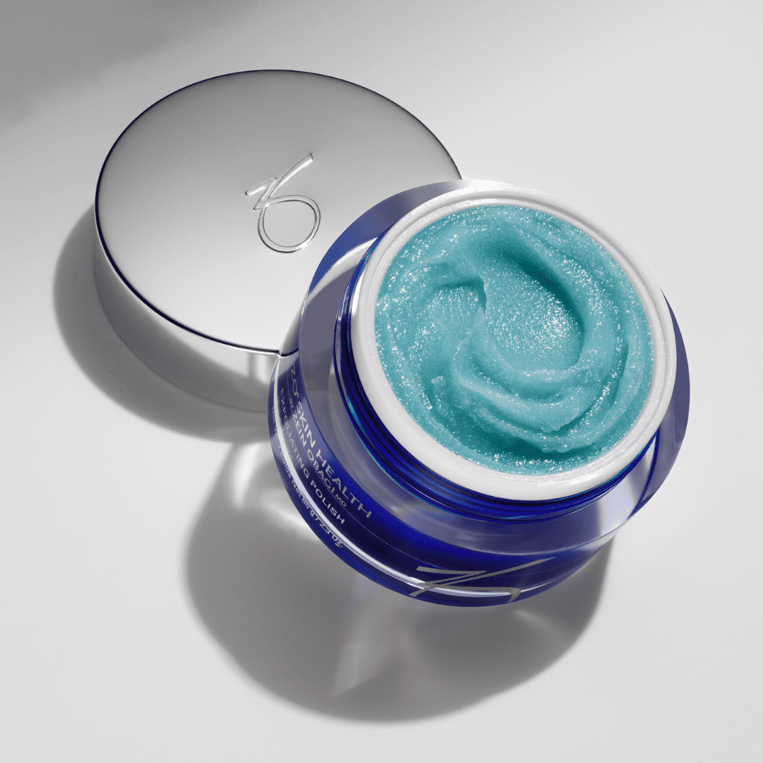 ZO Skin Health Offects Exfoliating Polish open jar showing turquoise scrub formula – gentle exfoliating treatment for dull and uneven skin