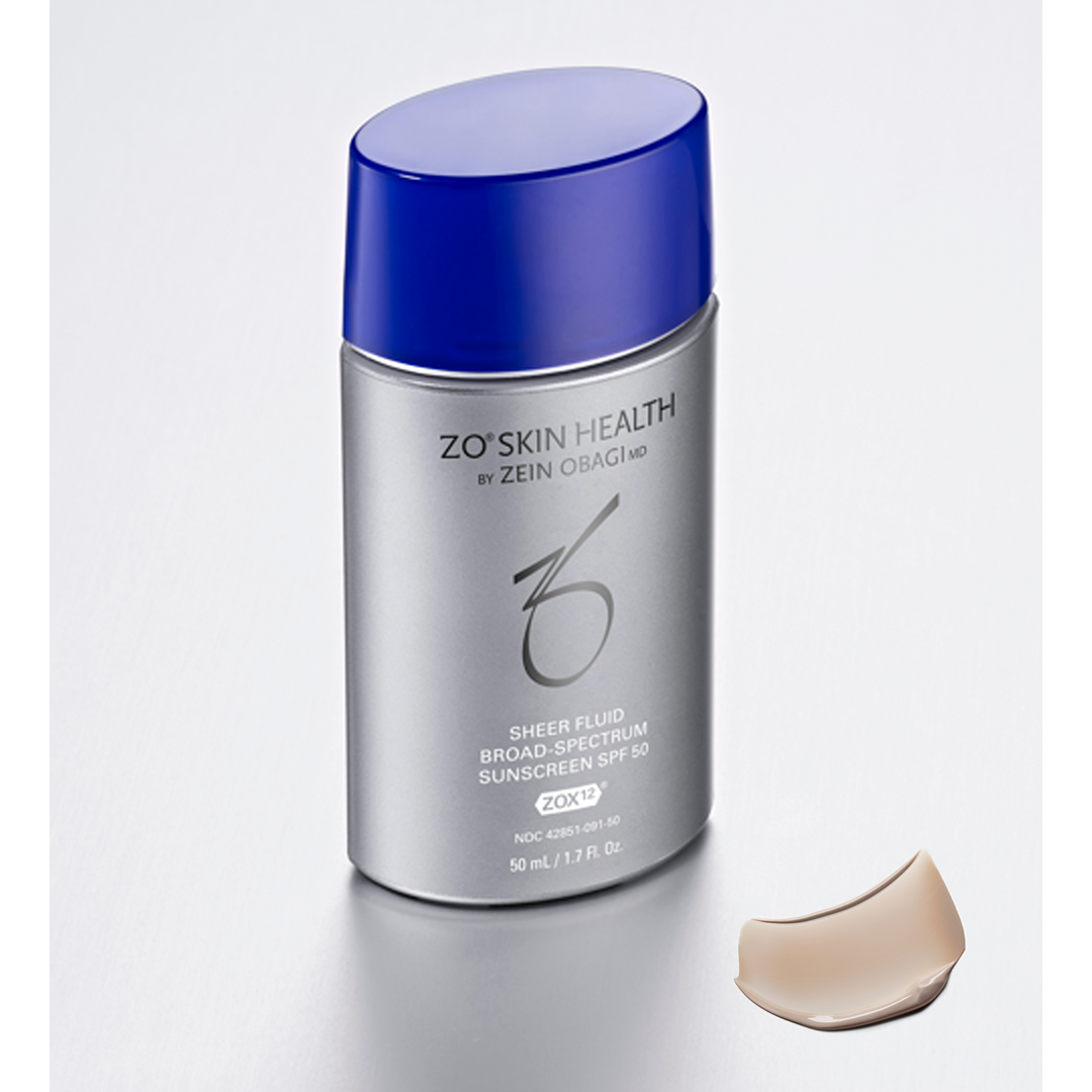 ZO Skin Health Sheer Fluid Broad Spectrum Sunscreen SPF 50 50mL with tinted formula swatch – lightweight tinted daily sunscreen with ZOX12 for sheer coverage and broad spectrum UV protection