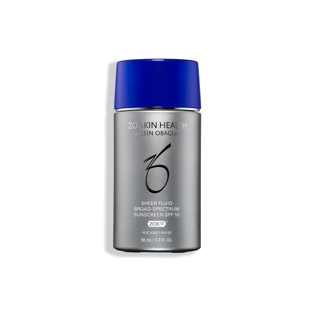 ZO Skin Health Sheer Fluid Broad Spectrum Sunscreen SPF 50 50mL 1.7 fl oz – lightweight daily sunscreen with ZOX12 in gray compact bottle with blue lid for sheer UV protection