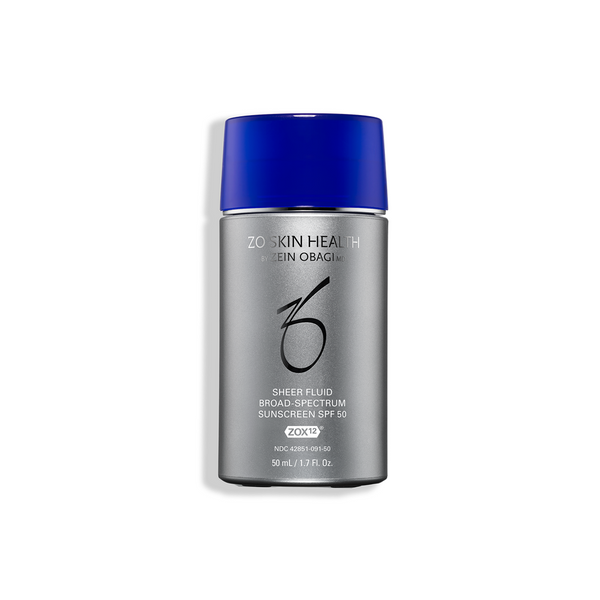 ZO Skin Health Sheer Fluid Broad Spectrum Sunscreen SPF 50 50mL 1.7 fl oz – lightweight daily sunscreen with ZOX12 in gray compact bottle with blue lid for sheer UV protection