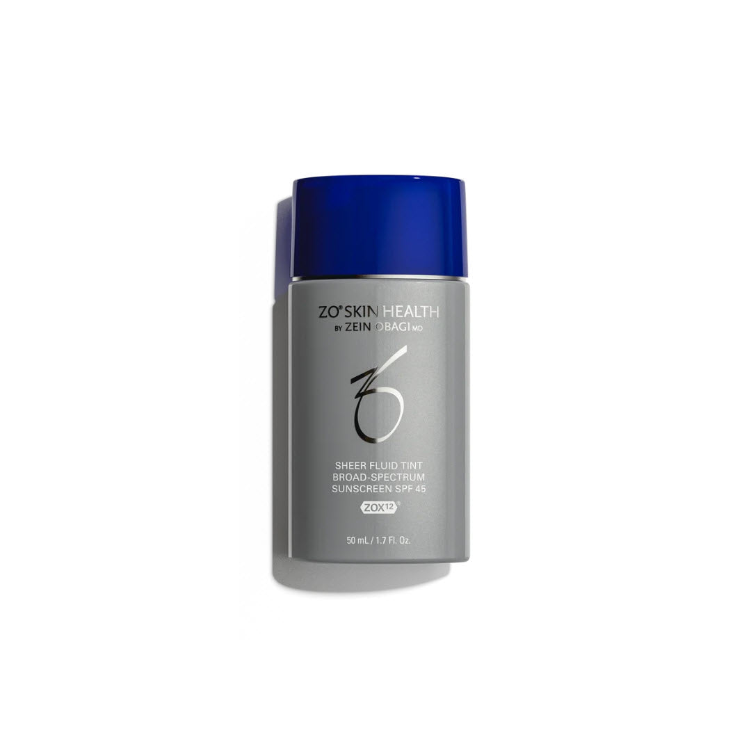 ZO Skin Health Sheer Fluid Tint Broad Spectrum SPF 45 Fair Light 50ml grey bottle with blue cap on white background