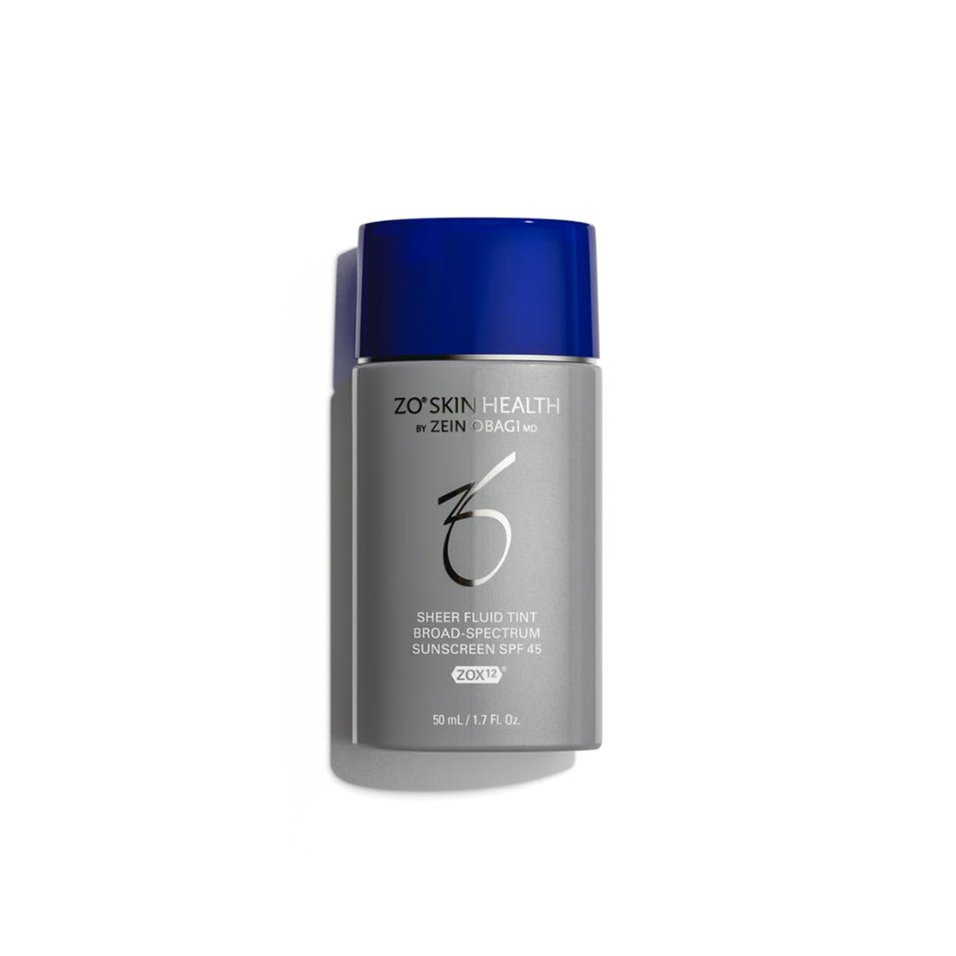 ZO Skin Health Sheer Fluid Tint Broad Spectrum SPF 45 Light Medium 50ml grey bottle with blue cap on white background