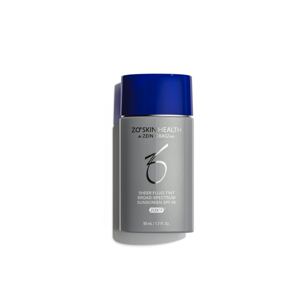 ZO Skin Health Sheer Fluid Tint Broad Spectrum SPF 45 Medium Tan 50ml grey bottle with blue cap on white background