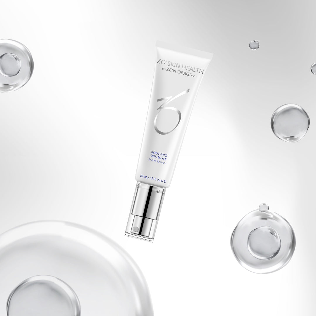 ZO Skin Health Soothing Ointment tube with hydrating water droplets – deeply moisturizing barrier ointment for dry and sensitized skin