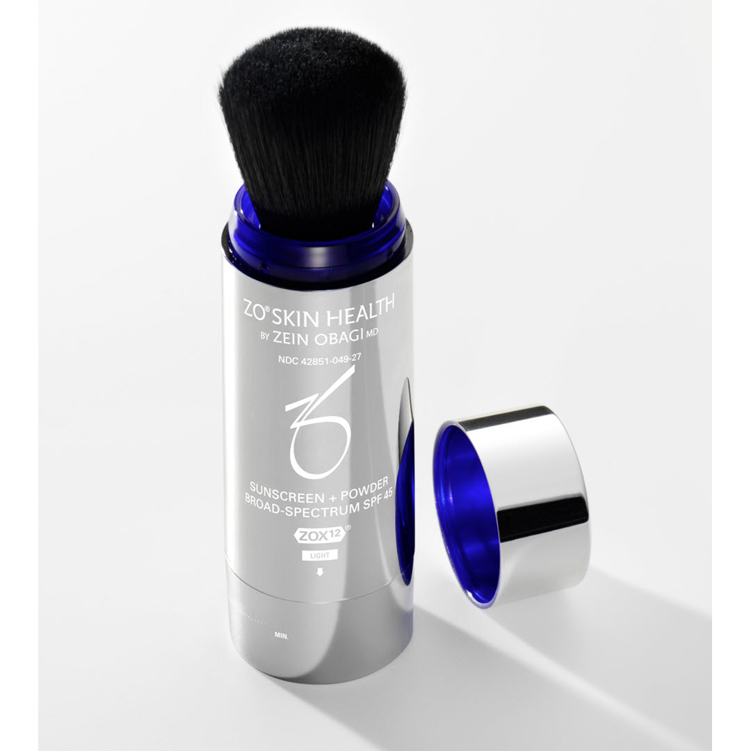 ZO Skin Health Sunscreen + Powder Broad Spectrum SPF 45 Light 2.7g – mineral powder sunscreen with built-in kabuki brush for on-the-go sun protection and touch-up coverage