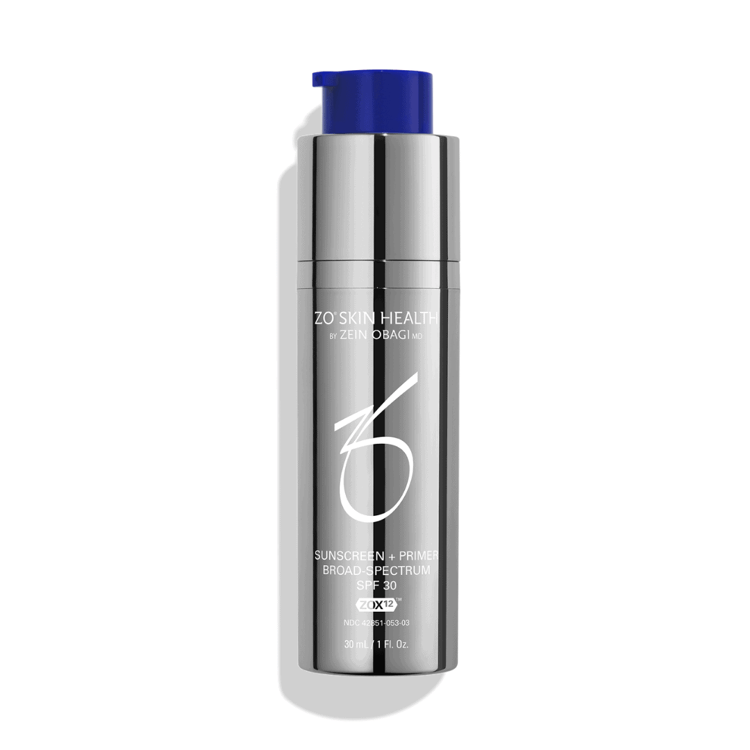 ZO Skin Health Sunscreen + Primer Broad Spectrum SPF 30 30mL – 2-in-1 tinted sunscreen and makeup primer with ZOX12 in silver pump bottle