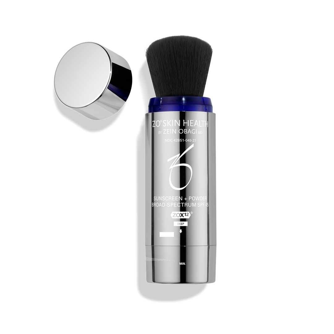 ZO Skin Health Sunscreen + Powder Broad Spectrum SPF 45 in Deep 2.7g – portable brush-on sun protection with ZOX12 for on-the-go touch-ups