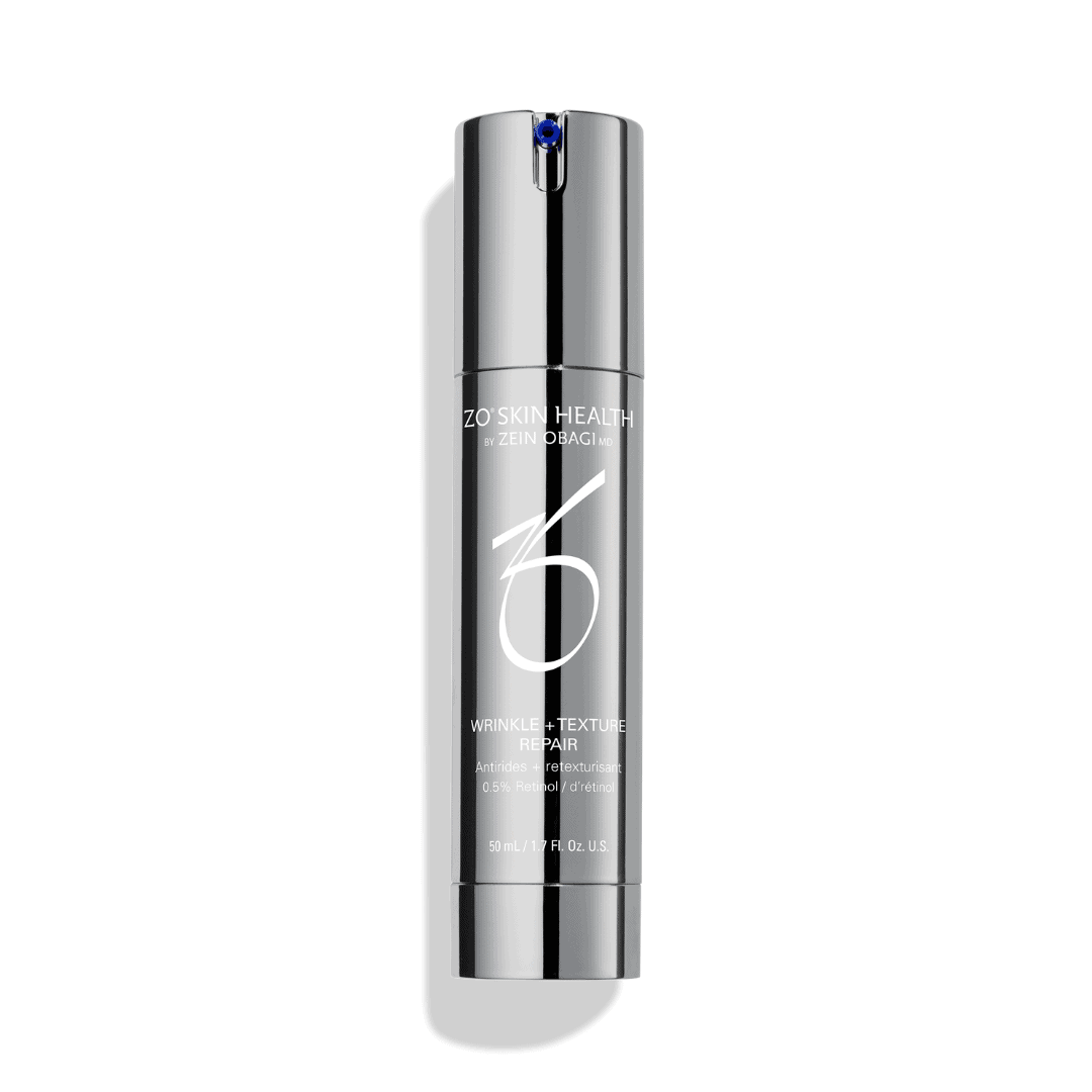 ZO Skin Health Wrinkle + Texture Repair 50mL 1.7 fl oz – anti-aging retinol serum in silver pump bottle to smooth wrinkles, fine lines, and skin texture