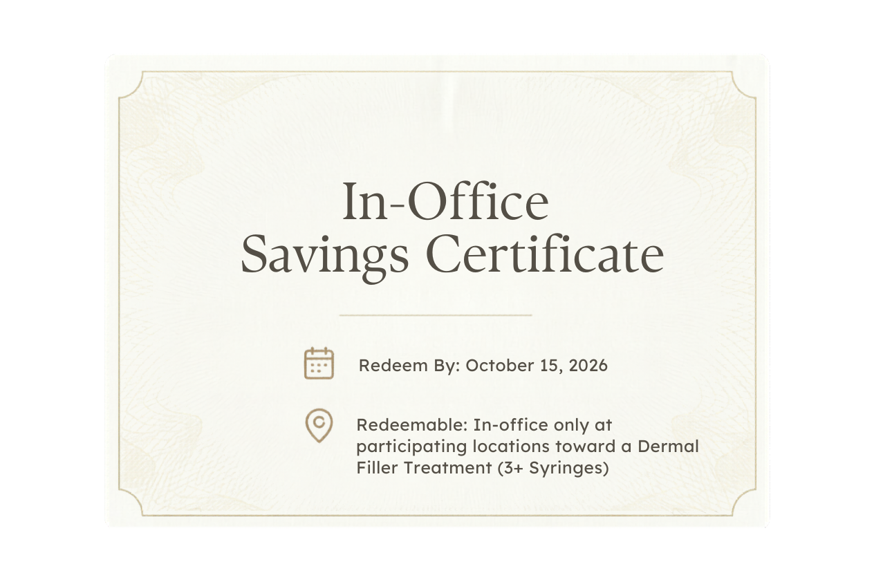 $100 Off Dermal Filler Treatment Savings Certificate (3+ syringes)