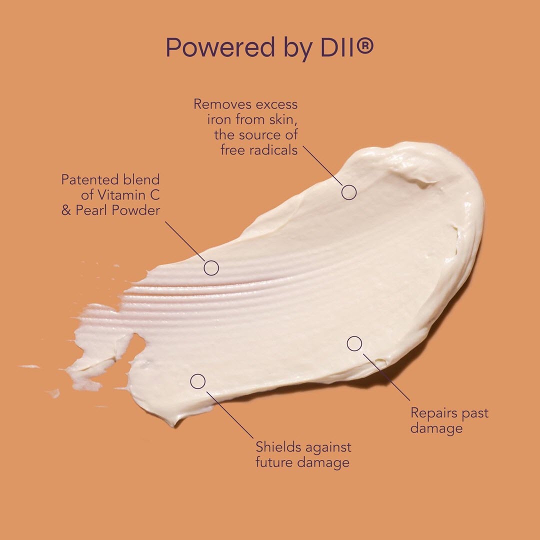 i-On Age Disrupting Skin Cream texture swatch showing DII technology that removes excess iron, shields against damage, and repairs skin
