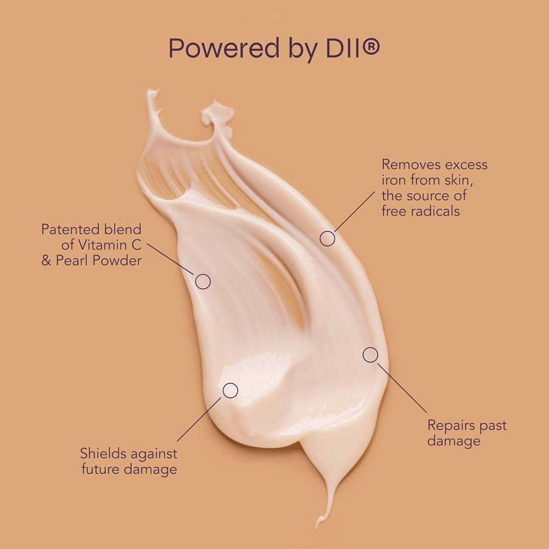 i-On Age Disrupting Skin Emulsion texture swatch showing DII technology that removes excess iron, shields against damage, and repairs skin