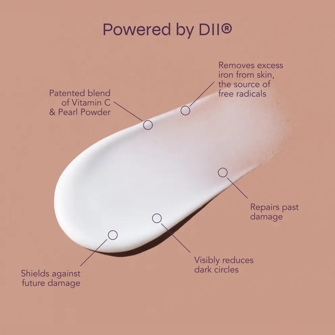 i-On Age Disrupting Total Performance Eye Cream texture powered by DII technology with patented vitamin C and pearl powder that removes excess iron, shields against future damage, repairs past damage, and visibly reduces dark circles