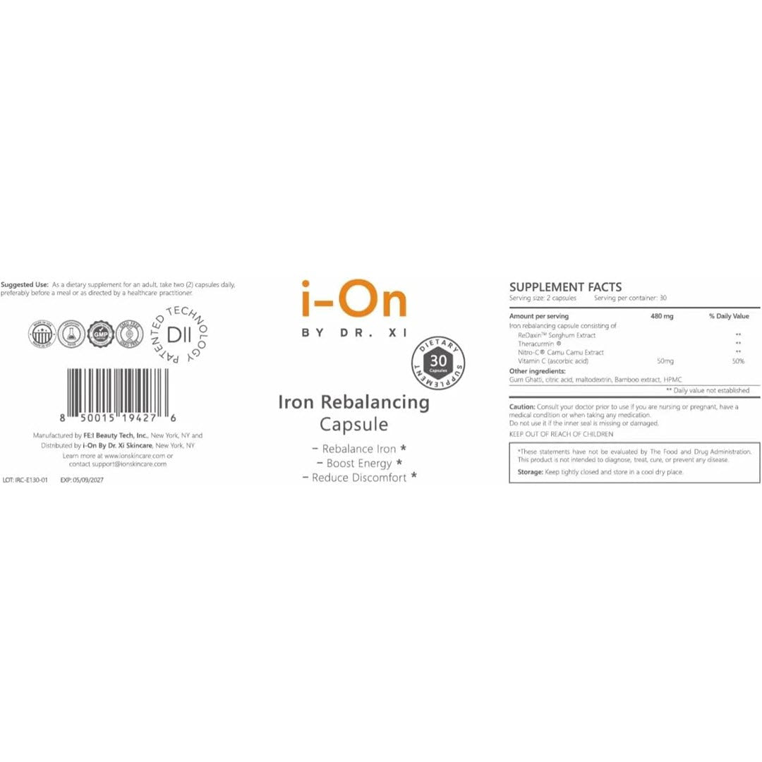 i-On Iron Rebalancing Capsule supplement facts label listing ReDaxin sorghum extract, Theracurmin, Nitro-C camu camu extract, and vitamin C, 480mg per serving, 30 servings per container