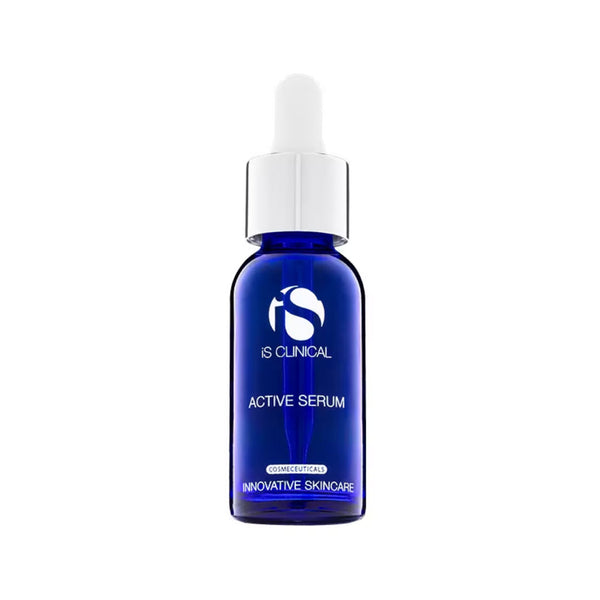 iS Clinical Active Serum dropper bottle, a flagship exfoliating treatment with sugar cane, bilberry, and willow bark extracts