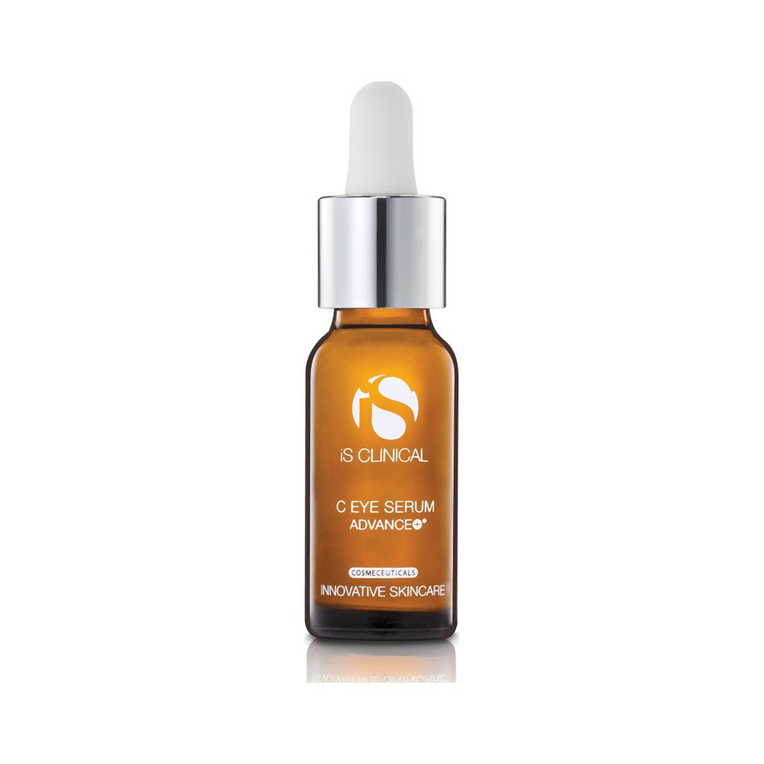 iS Clinical C Eye Serum Advance+ dropper bottle, 0.5 oz / 15g, with 7.5% vitamin C and copper tripeptide growth factor