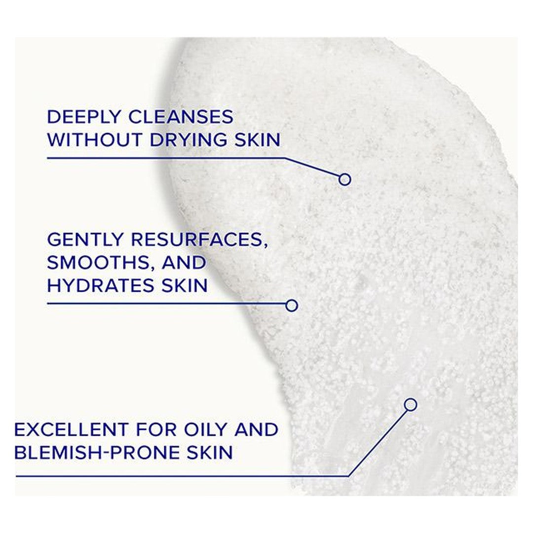 iS Clinical Cleansing Complex Polish texture infographic: deeply cleanses without drying skin, gently resurfaces smooths and hydrates skin, excellent for oily and blemish-prone skin