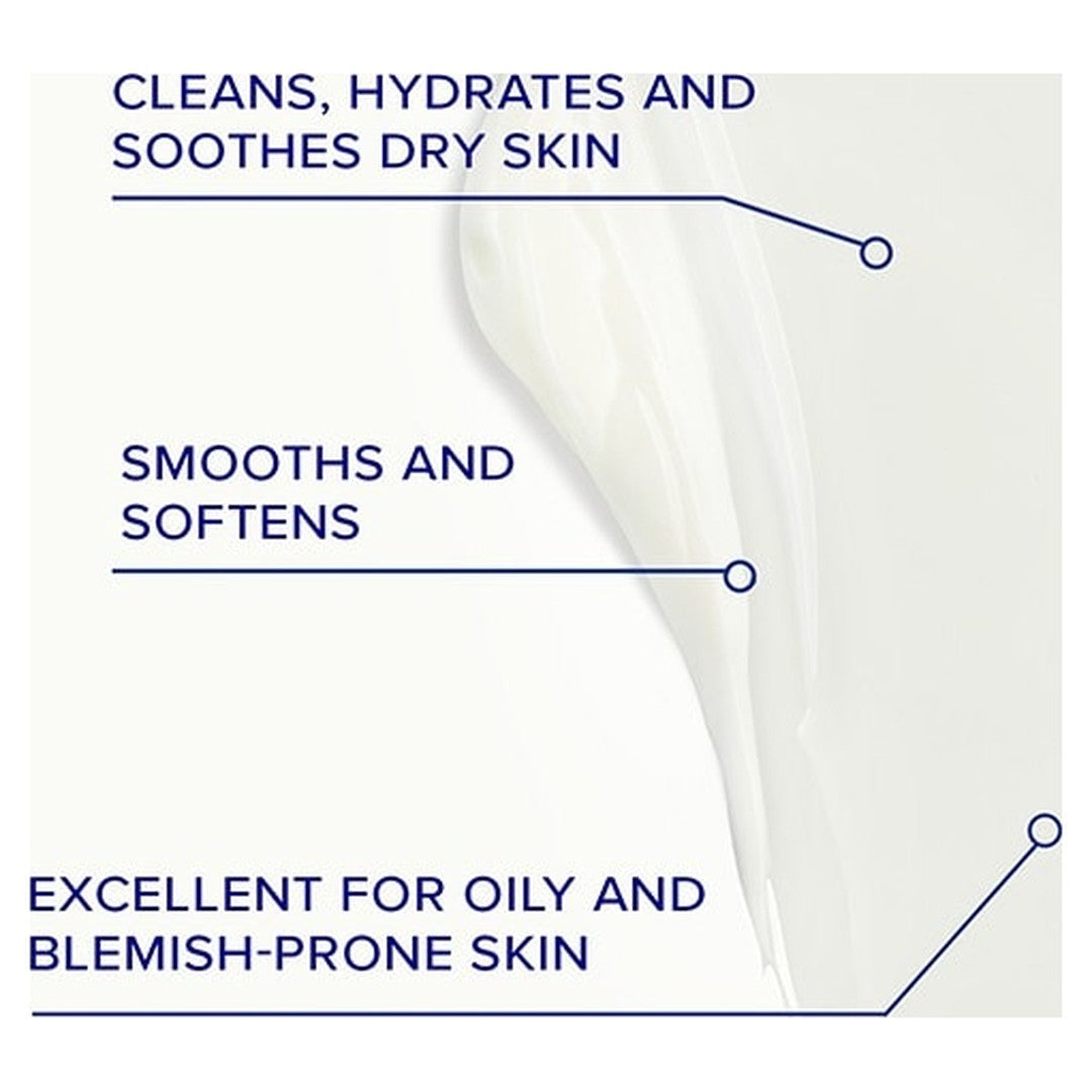 iS Clinical Cream Cleanser texture infographic: cleans, hydrates, and soothes dry skin, smooths and softens, excellent for oily and blemish-prone skin