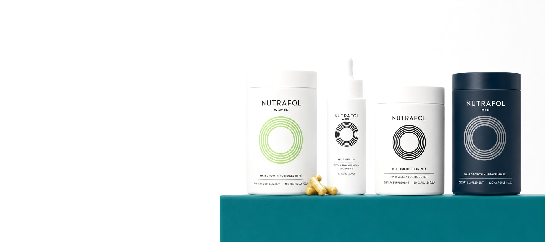 Four Nutrafol skincare bottles and jars displayed on a teal platform against a white background, including a white bottle with a green circle, a white bottle with a gray circle, a white bottle with a gray circle and dropper, and a dark navy blue jar with a gray circle.