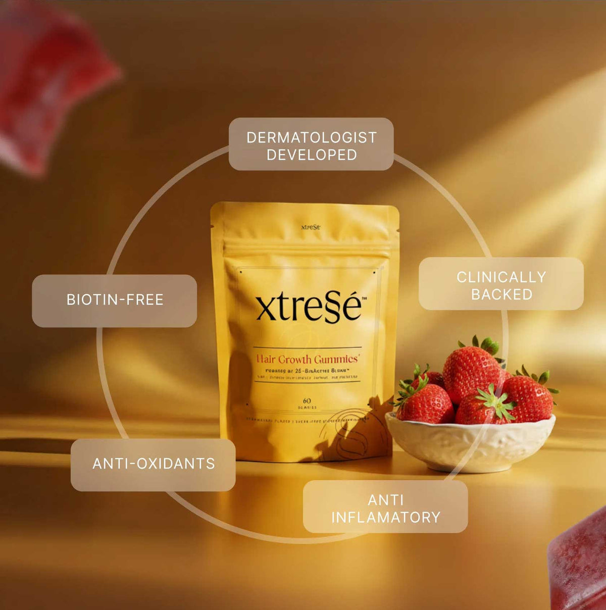 Advanced Dermatology Xtressé Hair Growth Gummies benefits – gold pouch with key benefits including dermatologist developed, clinically backed, biotin-free, anti-oxidants, and anti-inflammatory with fresh strawberries on golden background