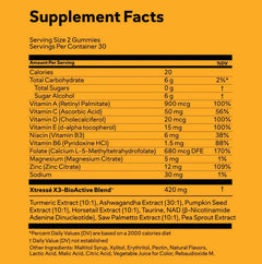Advanced Dermatology Xtressé Hair Growth Gummies supplement facts – full ingredient label showing X3-BioActive Blend with turmeric, ashwagandha, pumpkin seed extract, taurine, NAD+, saw palmetto, and essential vitamins and zinc